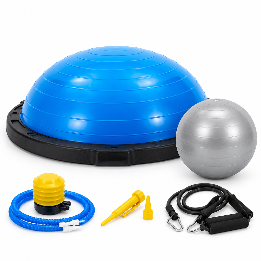 Blue half balance ball trainer with gray ball, resistance bands, pump, and accessories arranged on a white background