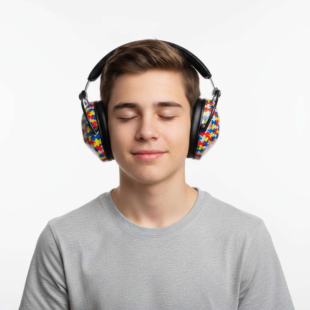 Teen with Puzzle Earmuffs - Eyes Closed