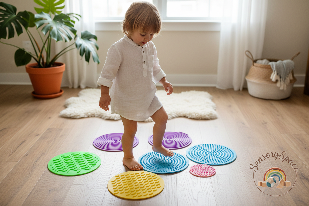 4-5 year old stepping on tactile mats