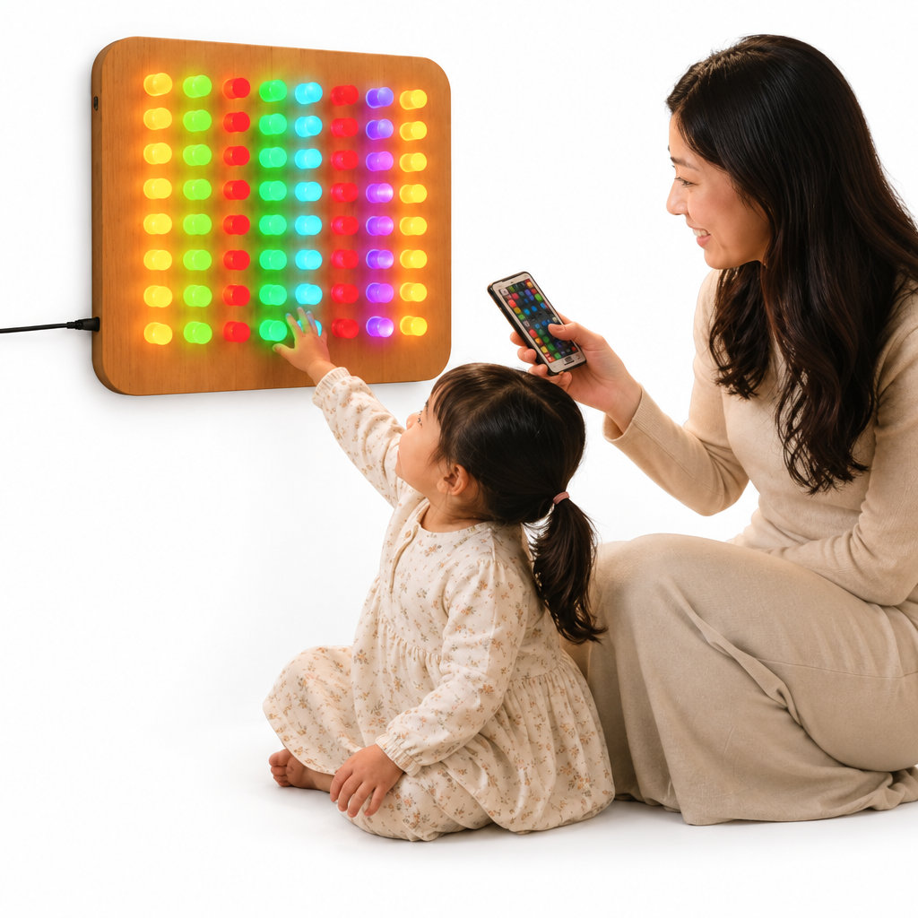 Adult and child with glowing peg board on white background
