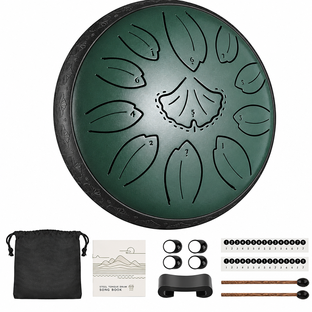 Angled dark green drum kit cleaned up