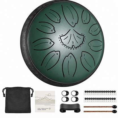 Angled dark green drum kit cleaned up