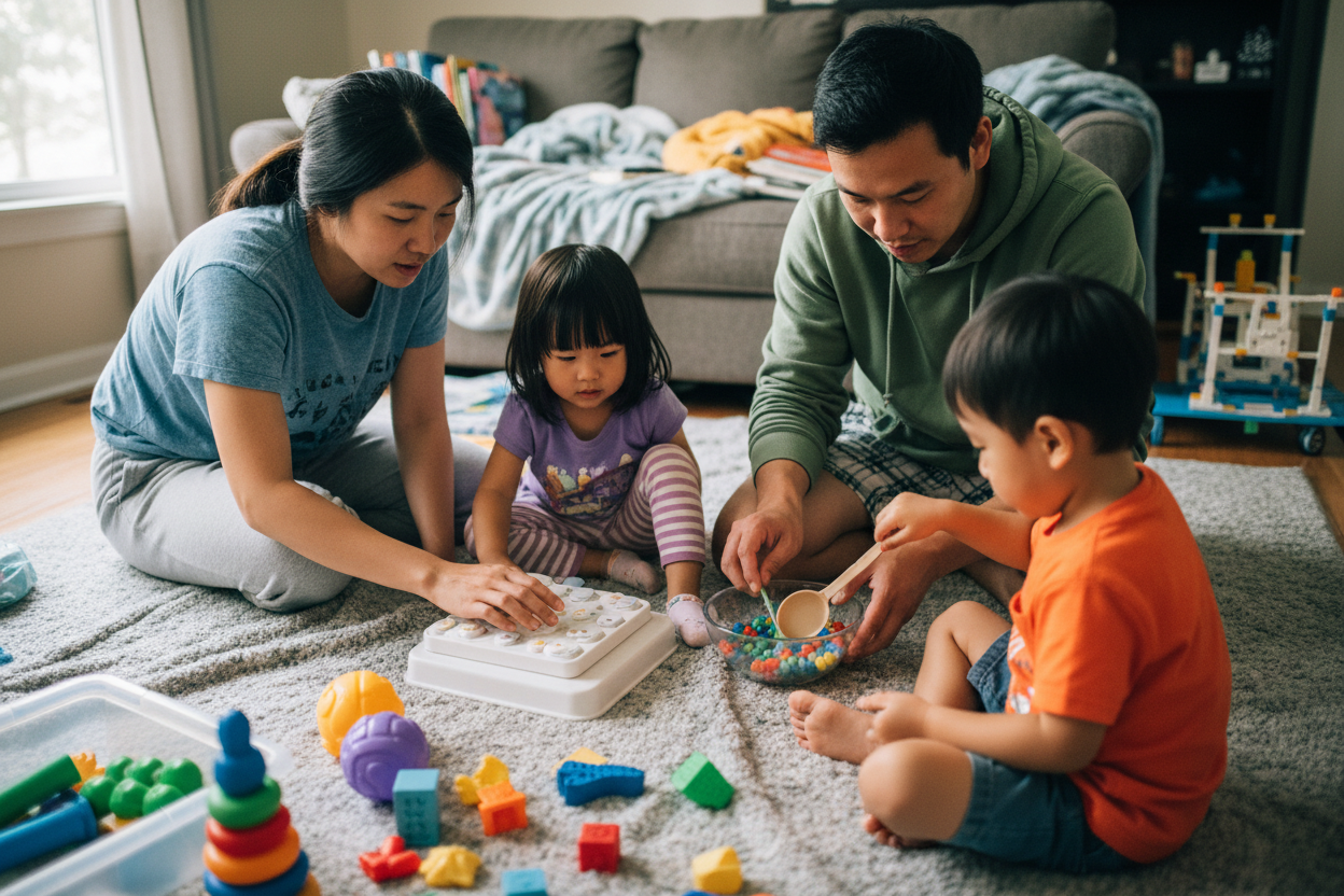 Asian family actively playing together