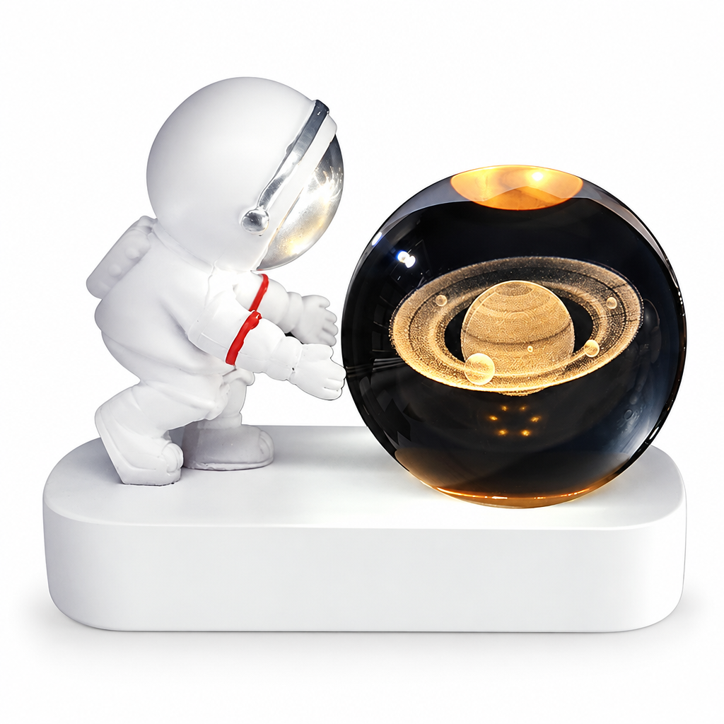 Astronaut and globe lamp on white