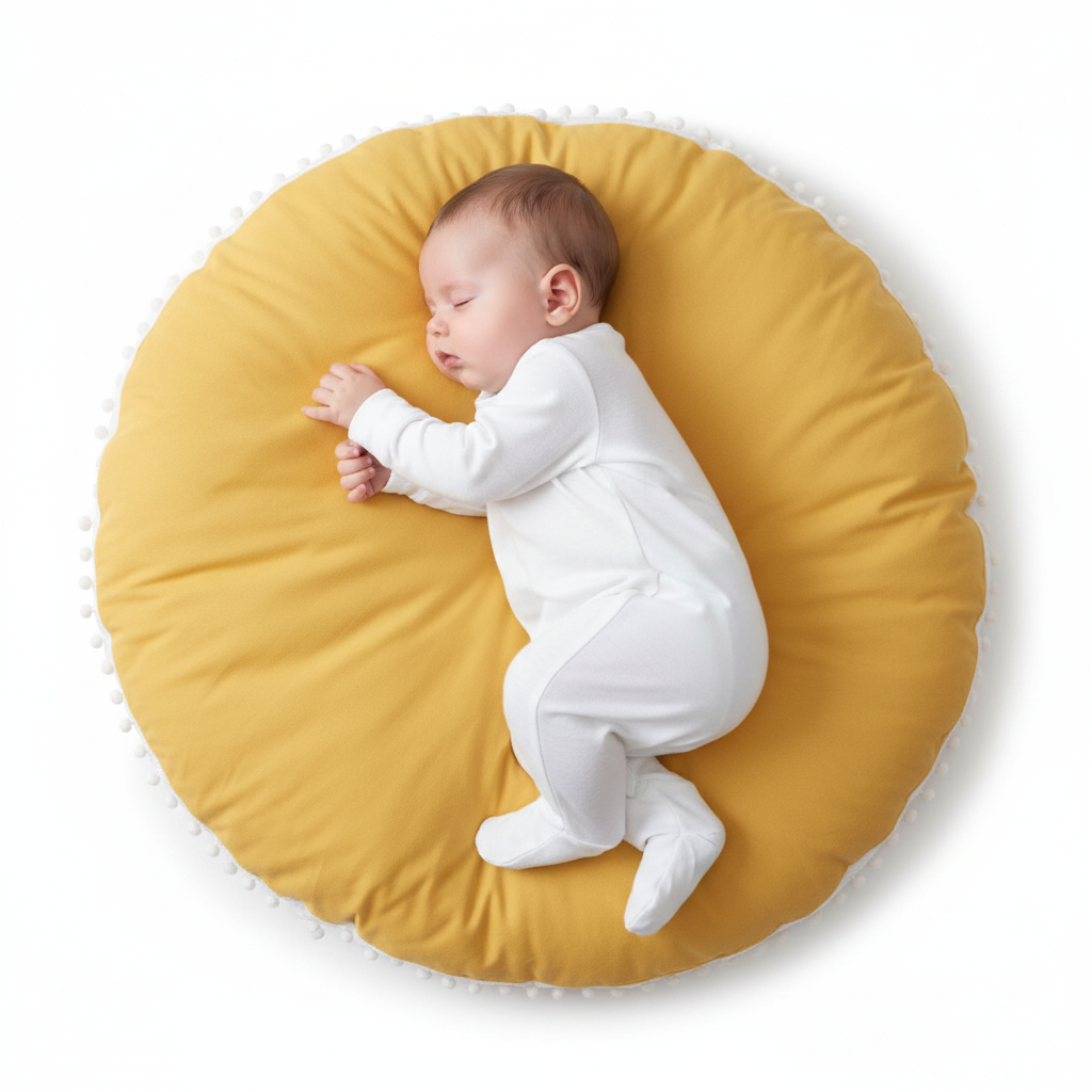 Baby sleeping on yellow round sensory cushion