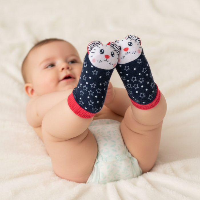 Baby wearing cat foot socks