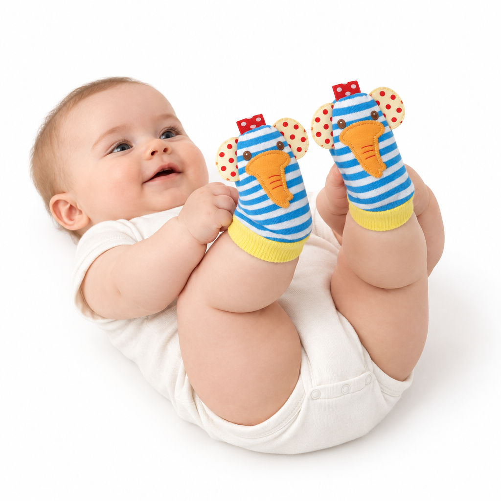 Baby wearing elephant rattle socks