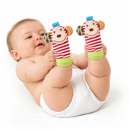 Baby wearing monkey rattle socks