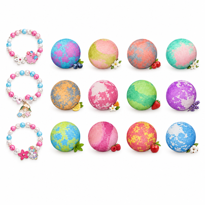 Bath bombs and bracelets collage on white