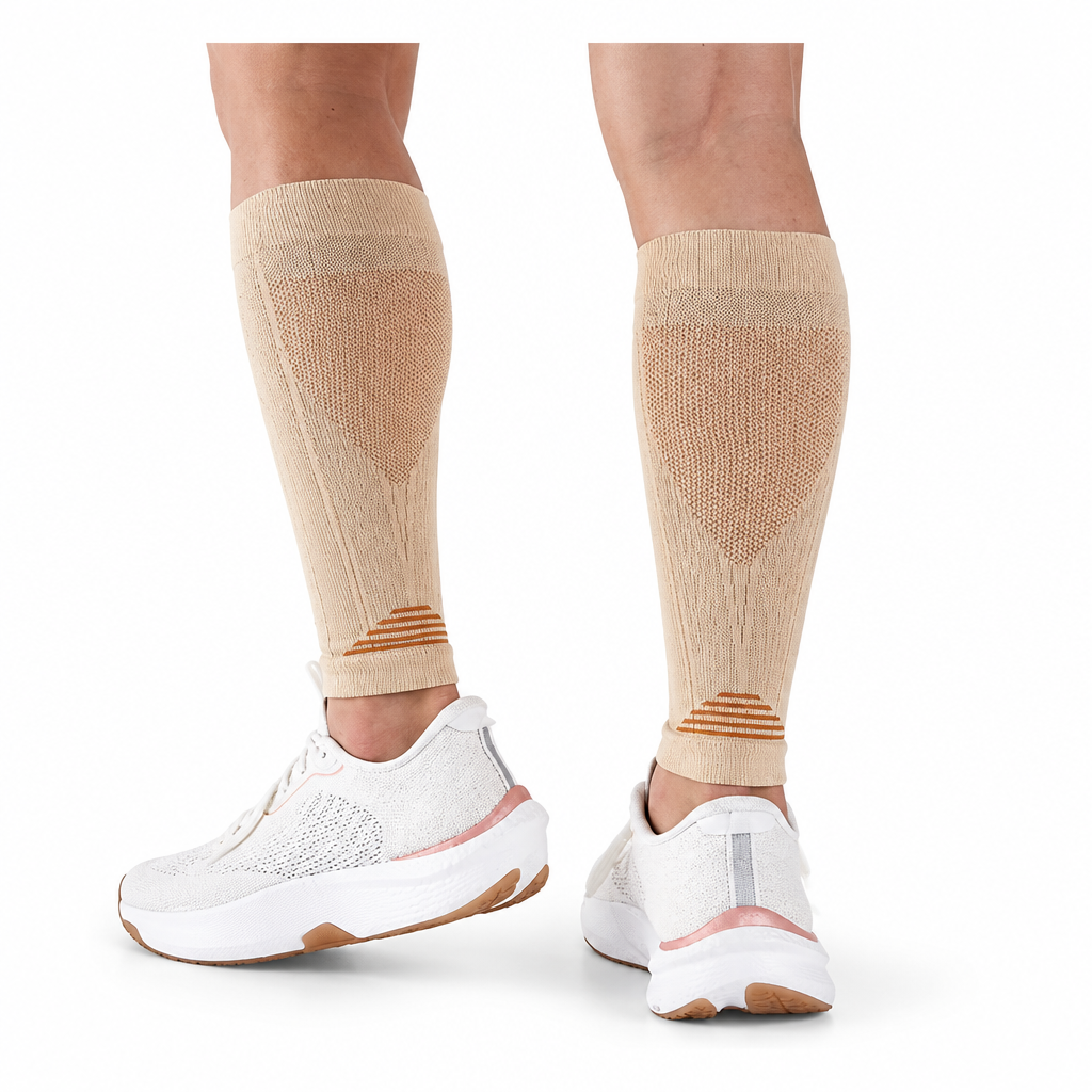 Beige calf sleeves worn on legs, distractions removed