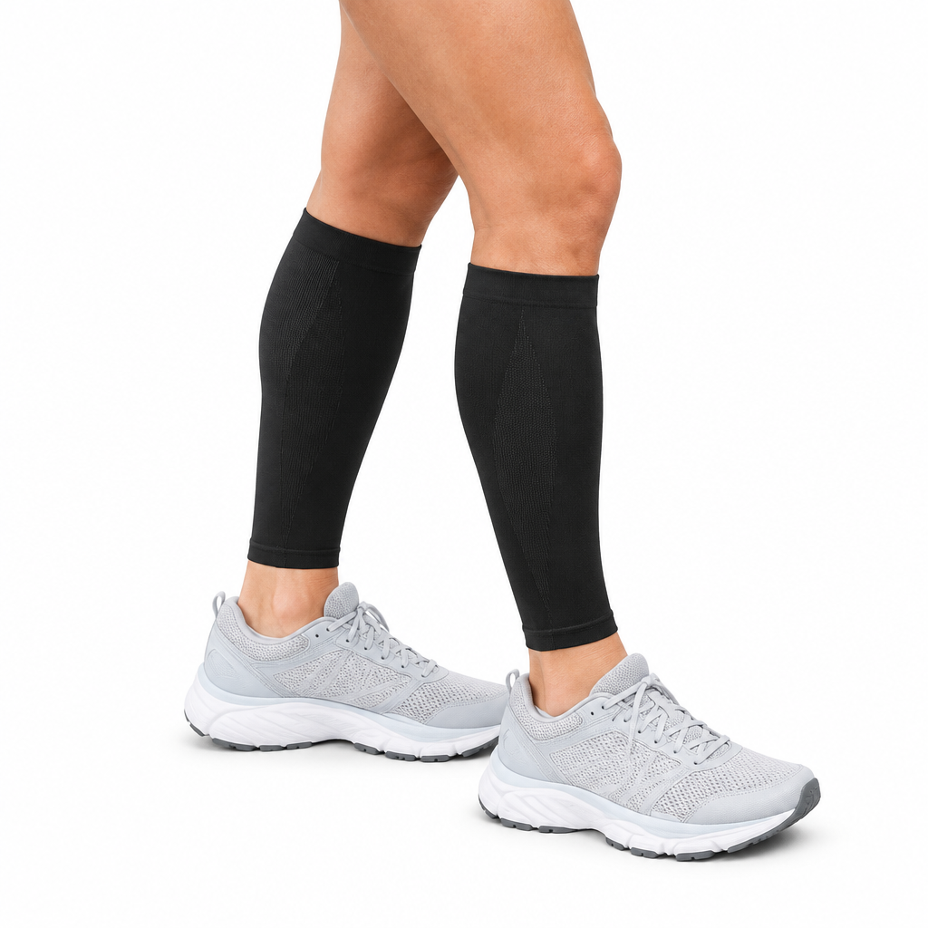 Black calf sleeves on a pure white background without walking poles