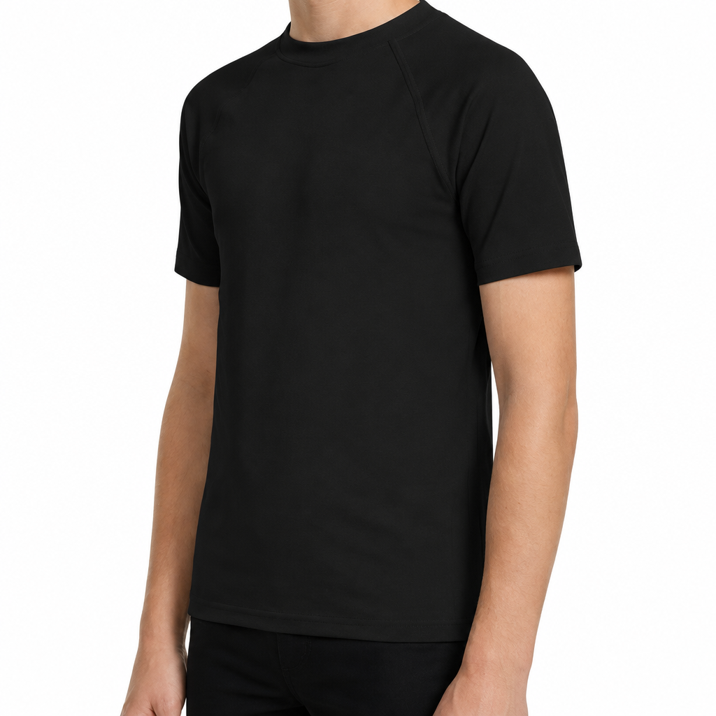 Black shirt worn by a person on white