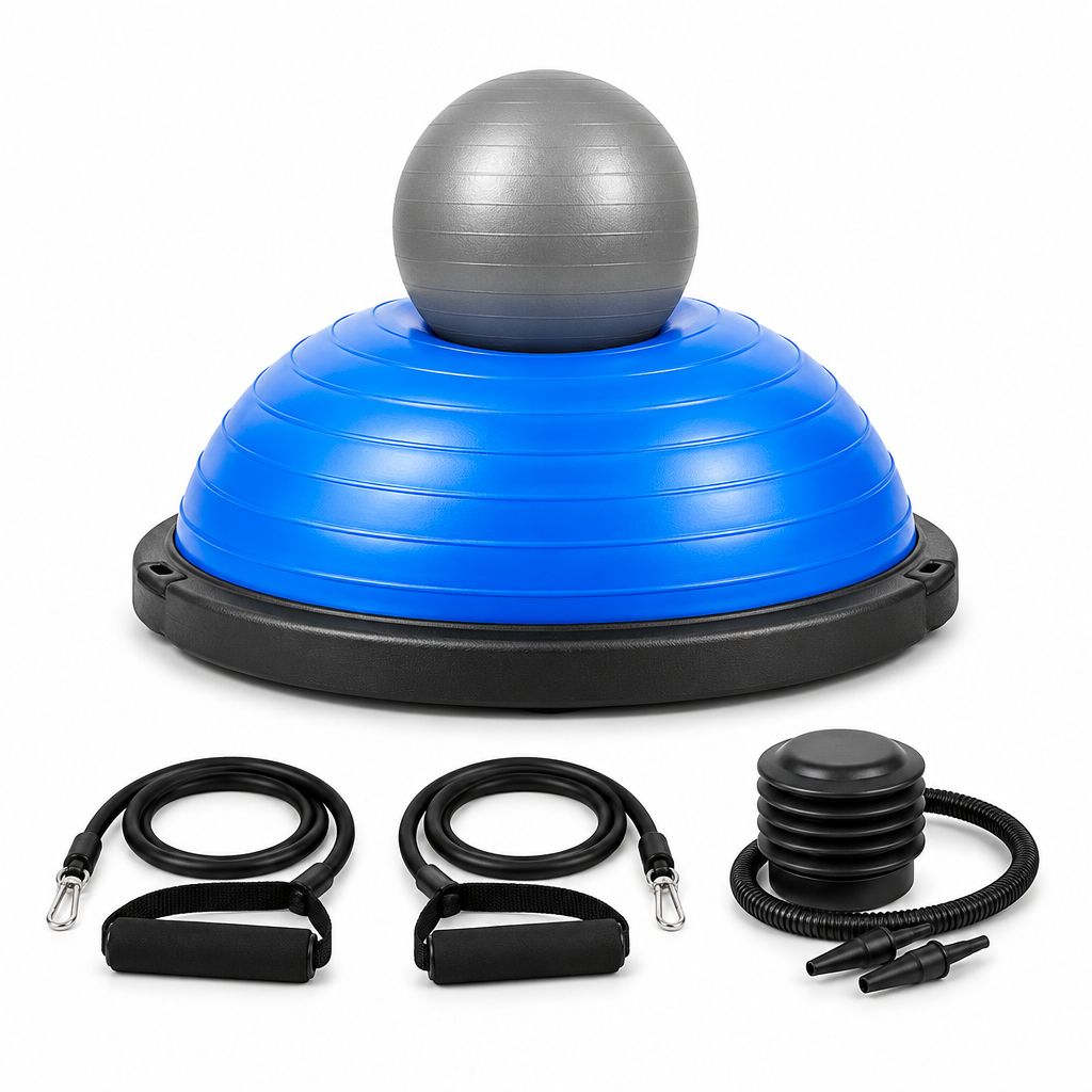 Blue 60 cm half balance ball trainer with gray ball, resistance bands, pump, and accessories on a white background