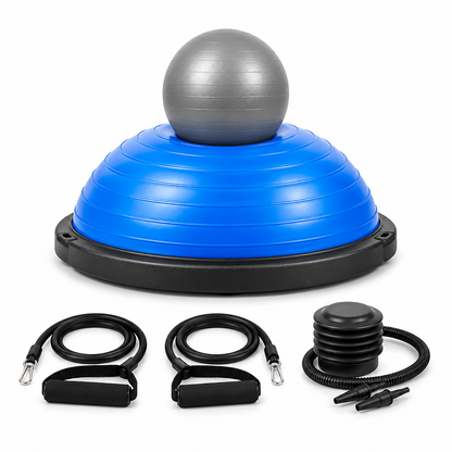 Blue 60 cm half balance ball trainer with gray ball, resistance bands, pump, and accessories on a white background