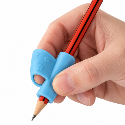 Blue pencil grip held by human fingers