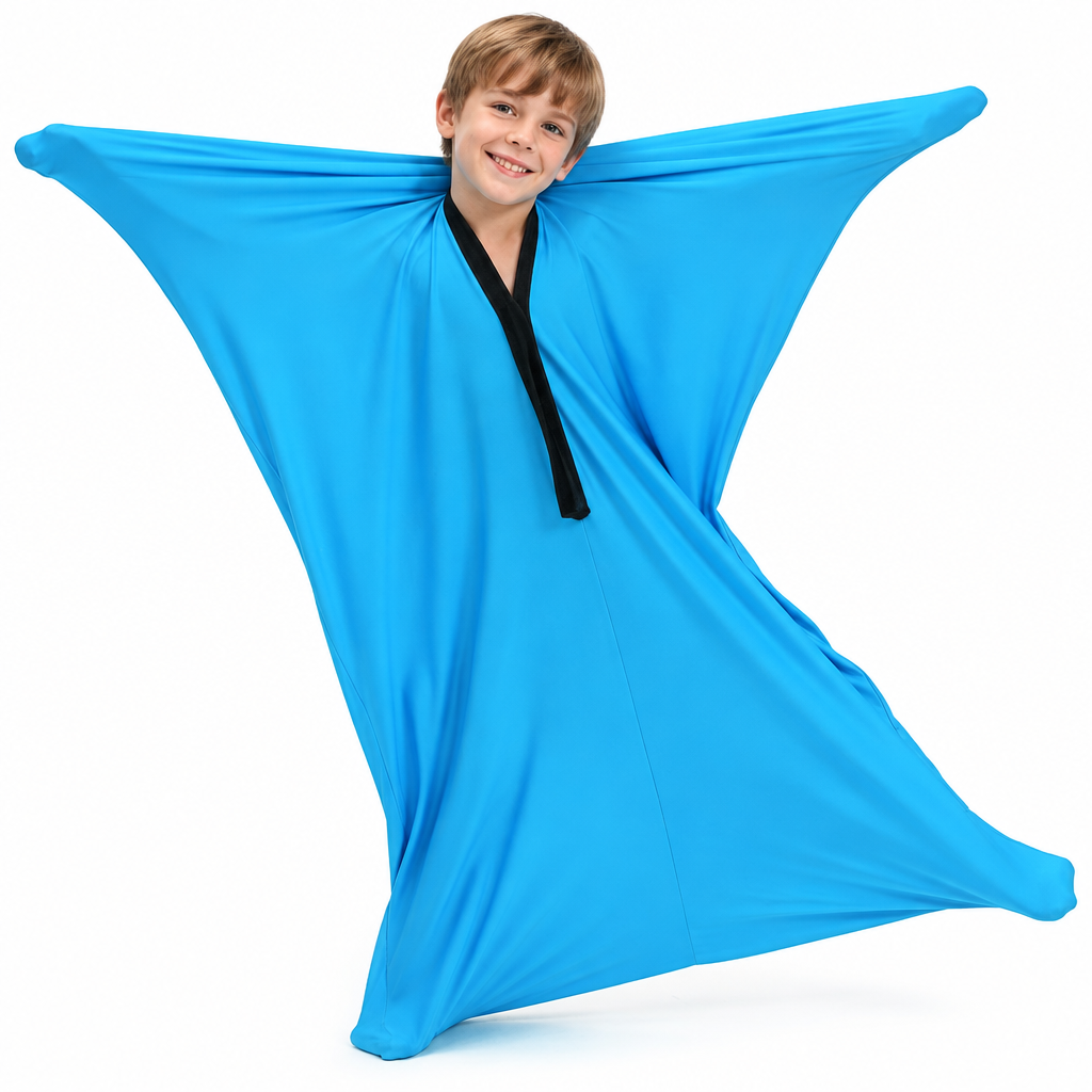 Blue sensory body sock with a European child