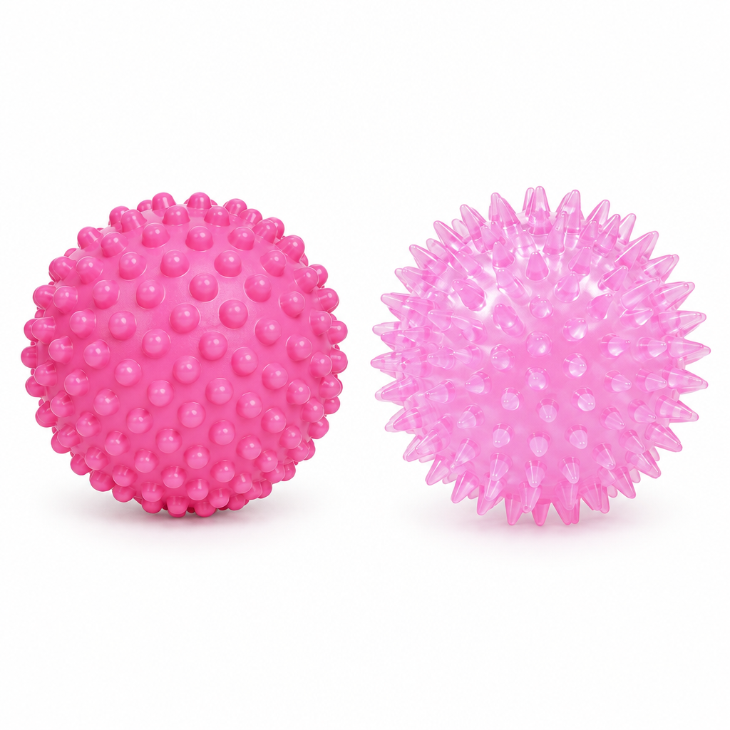 Both pink sensory balls together on a white background