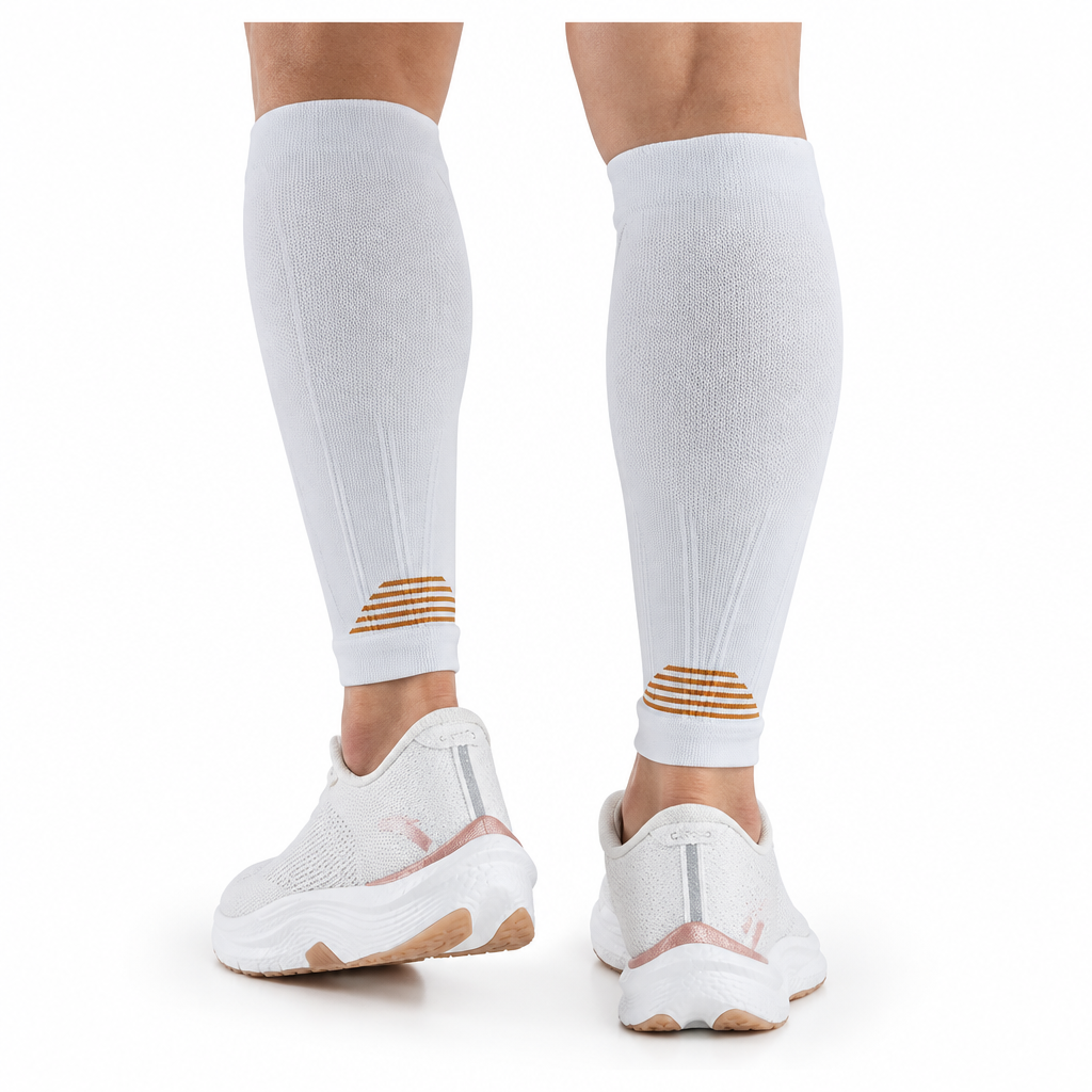 Calf sleeves worn on human legs with distractions removed