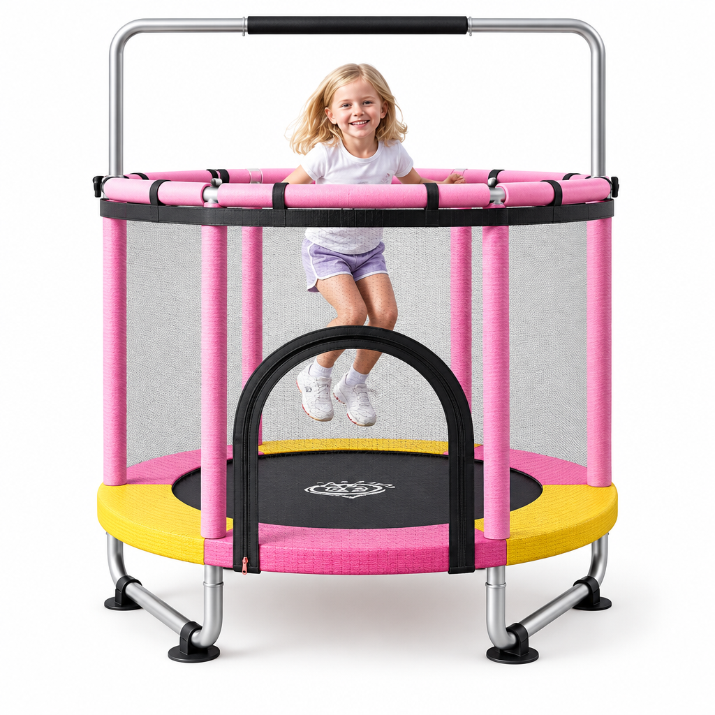 Child bouncing on pink-and-yellow trampoline
