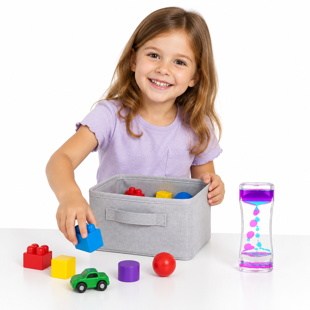 Child cleaning up toys with the liquid motion timer on the table, white background