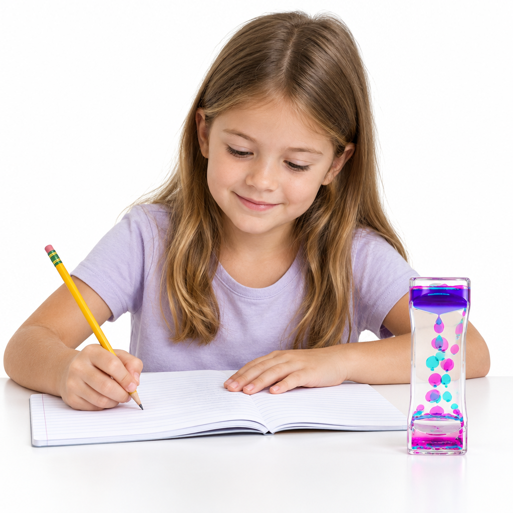 Child doing homework at a desk with the liquid motion timer, white background