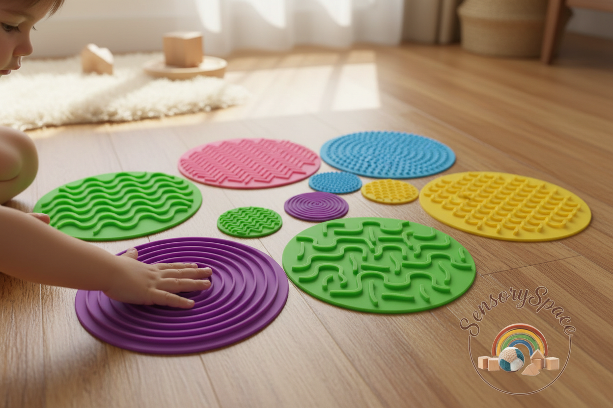 Child exploring tactile mats