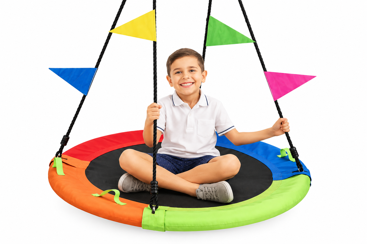 Child holding ropes on rainbow swing