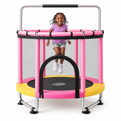 Child jumping inside pink-and-yellow trampoline