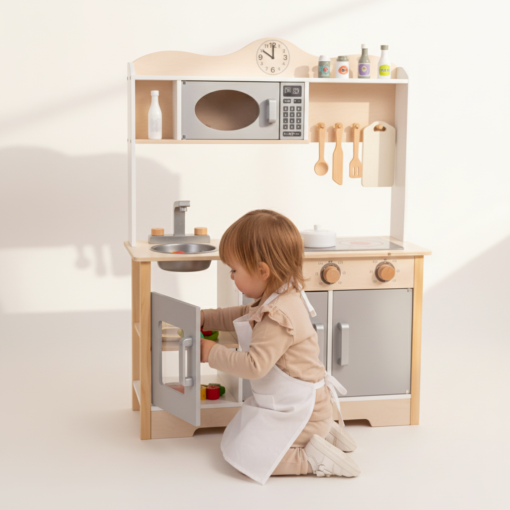 Child placing food in oven