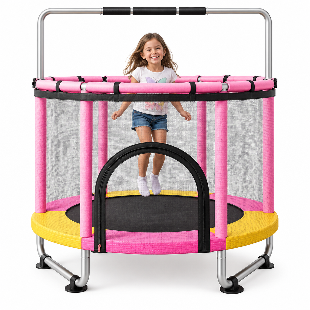 Child playing on pink-and-yellow trampoline