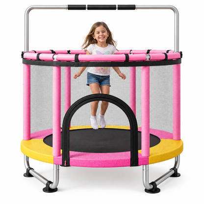 Child playing on pink-and-yellow trampoline