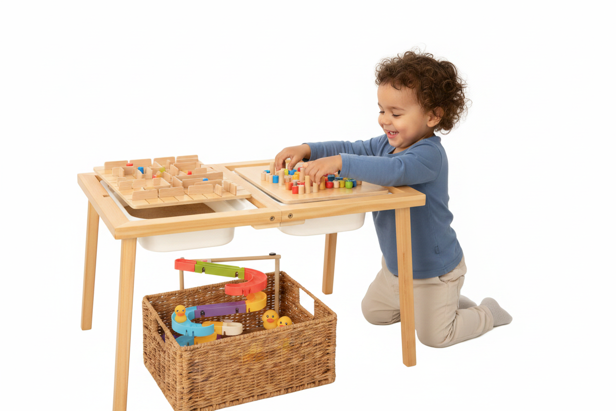 Child playing with sensory table - white bg