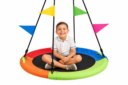 Child seated on rainbow swing, front view