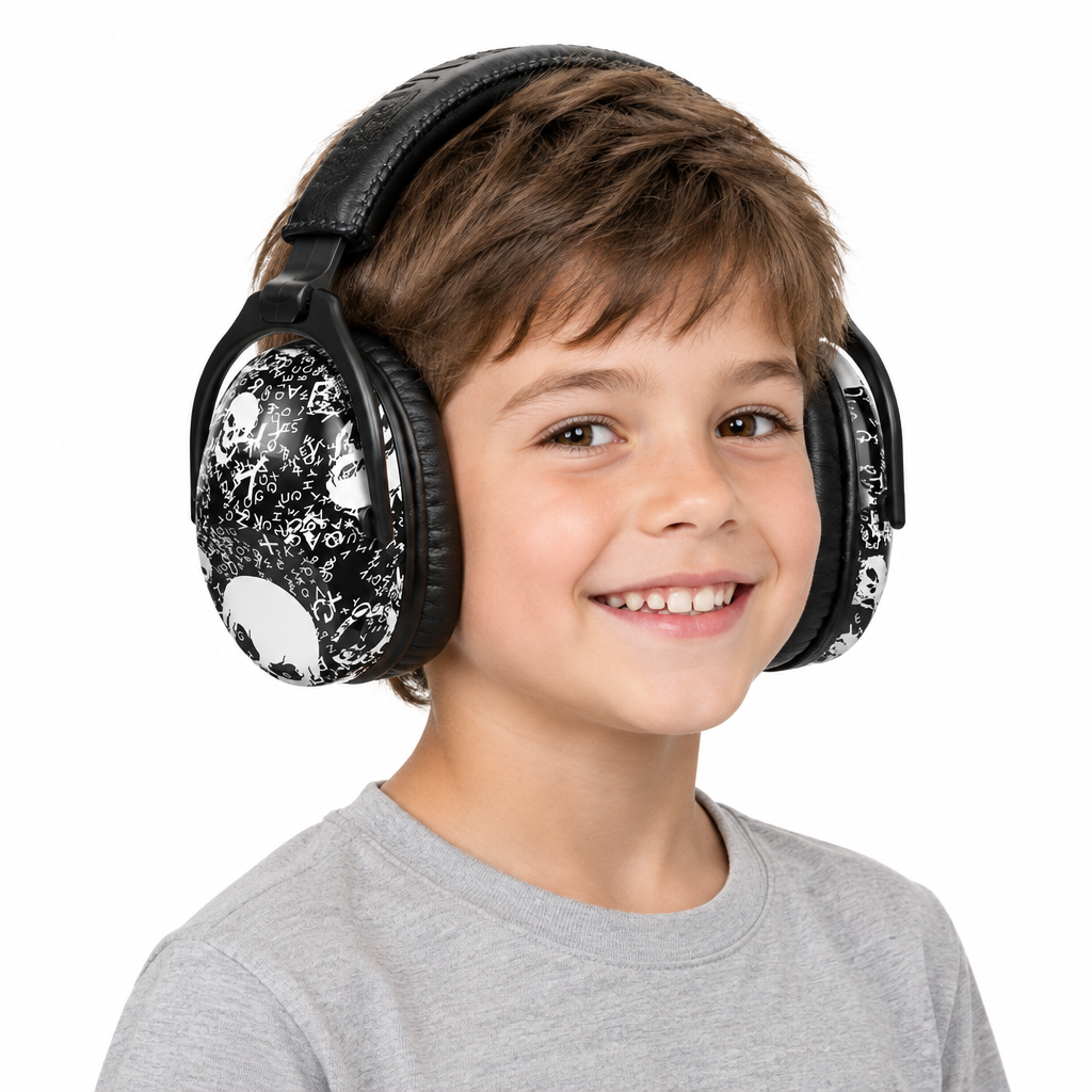 Child wearing black-and-white patterned earmuffs