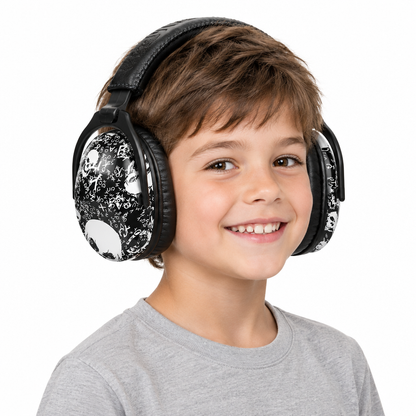 Child wearing black-and-white patterned earmuffs