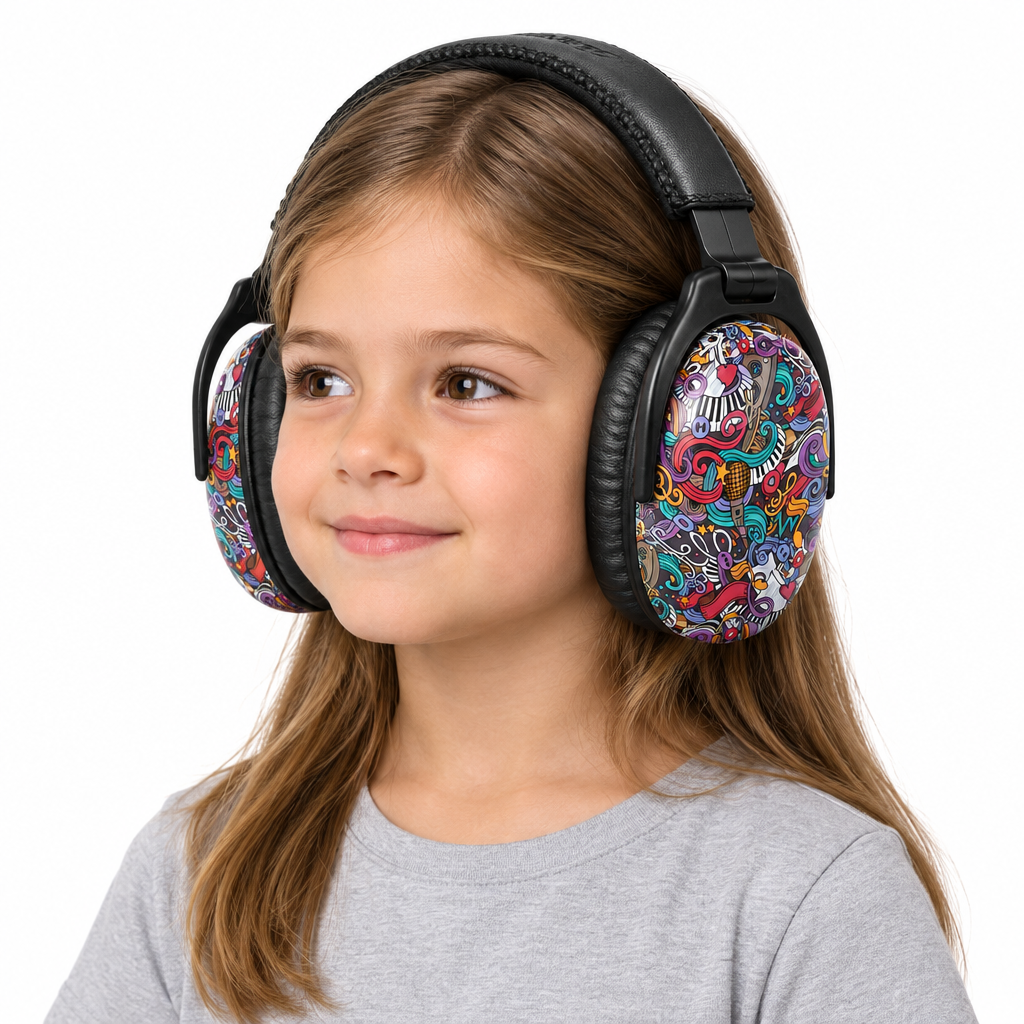 Child wearing colorful doodle-pattern earmuffs
