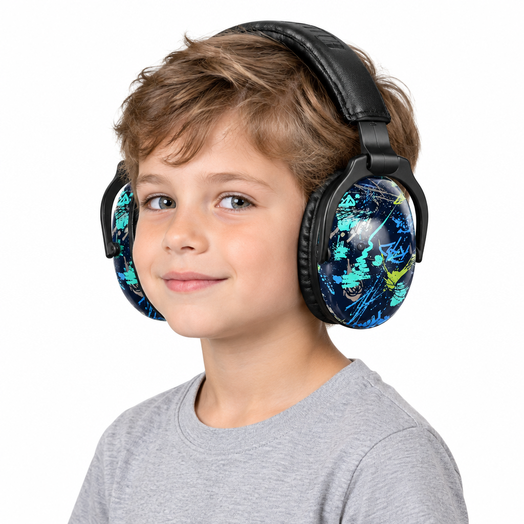 Child wearing patterned earmuffs on white