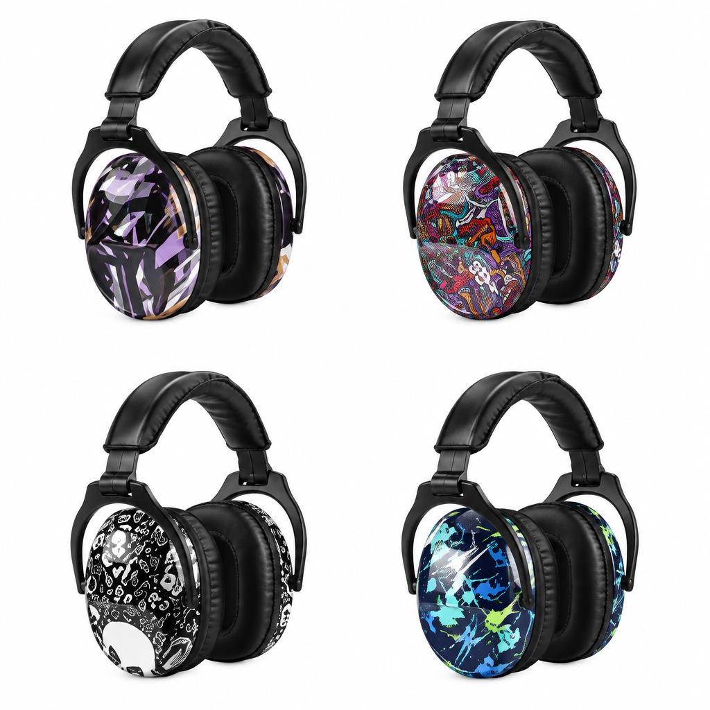 Collage of all four patterned earmuff designs
