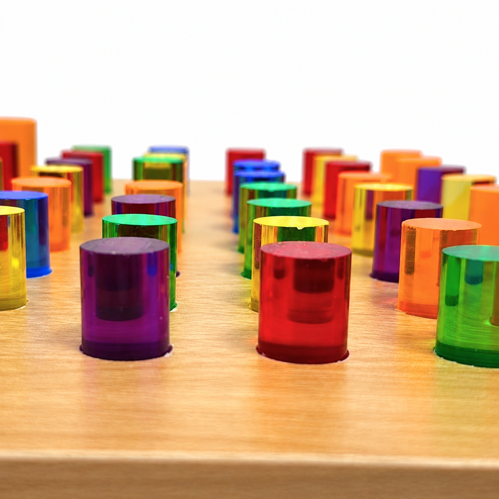 Colored pegs on wood board