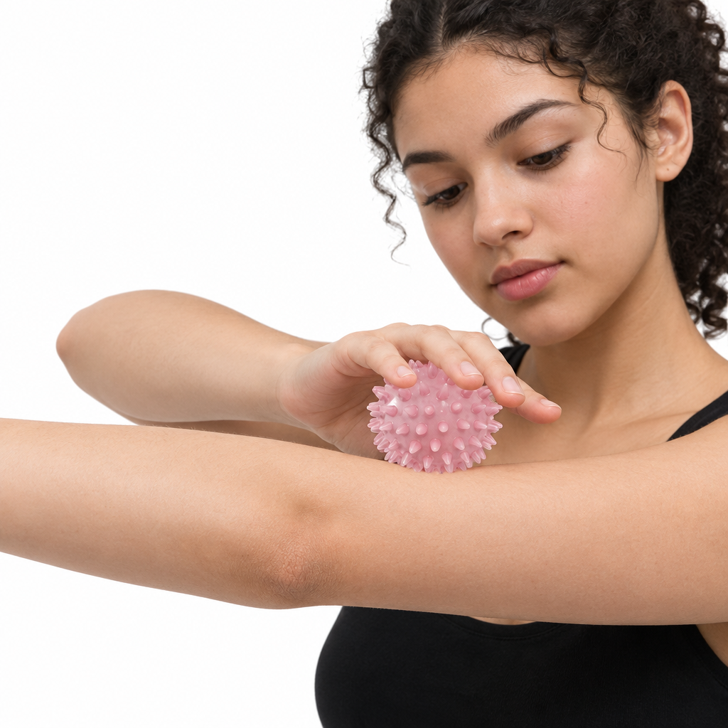 Different girl using the pink sensory ball on a white background