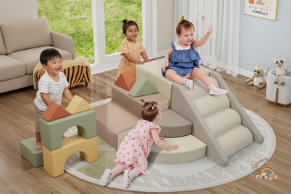 Diverse Kids Playing with Soft Foam Climbing Blocks in Living Room