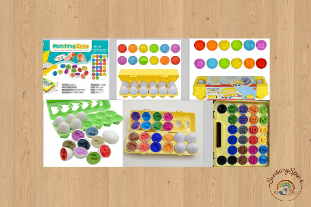 Egg matching toy product collage with warm wood background