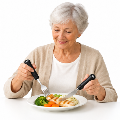 Elderly woman using the adaptive utensils, white background, no text