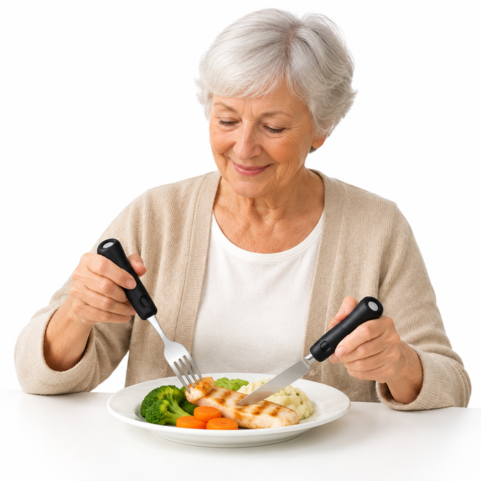 Elderly woman using the adaptive utensils, white background, no text