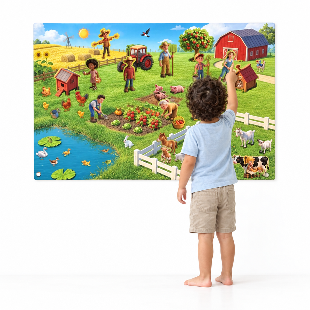 Farm board play scene with a different child on white