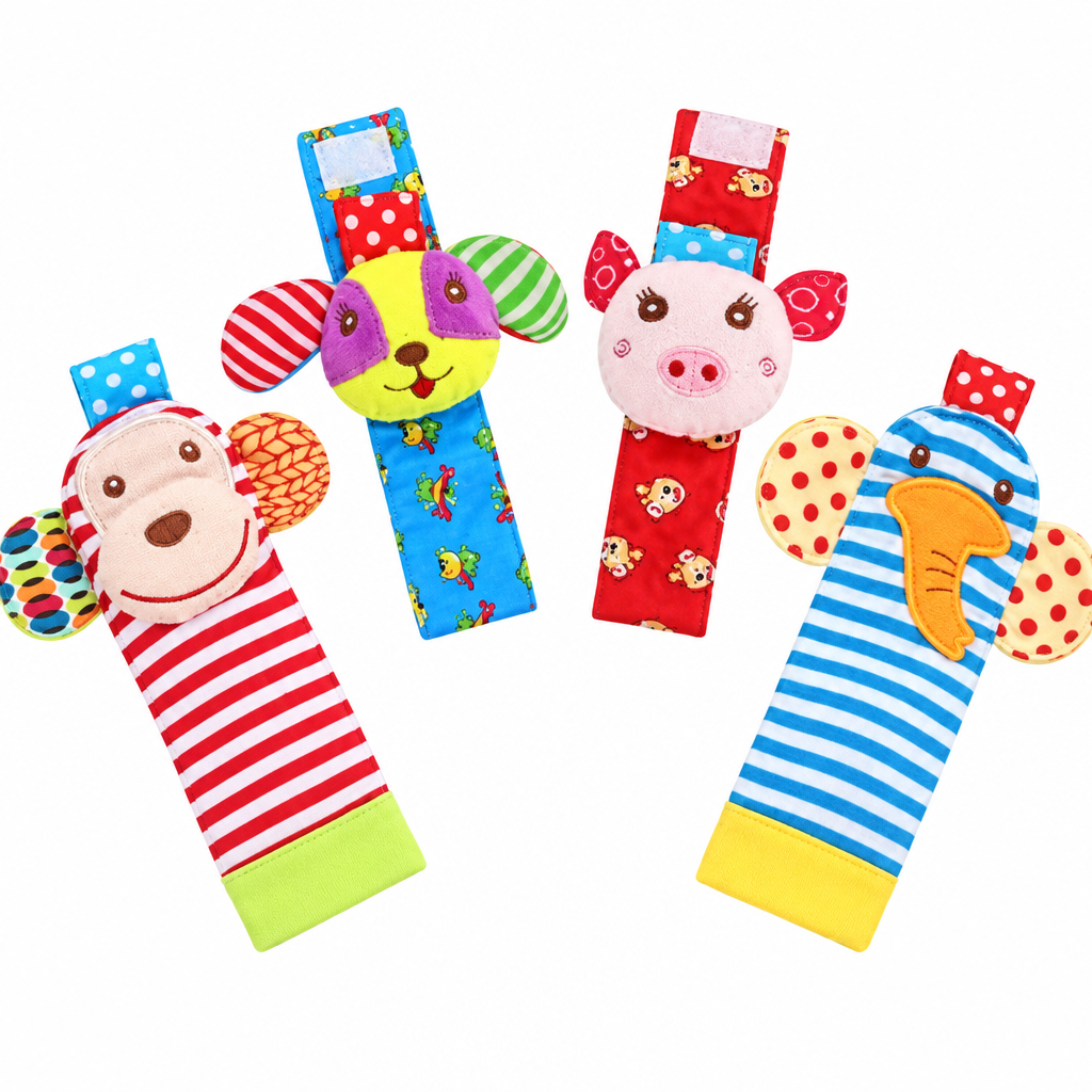 Four animal rattle socks with bottom stray items removed