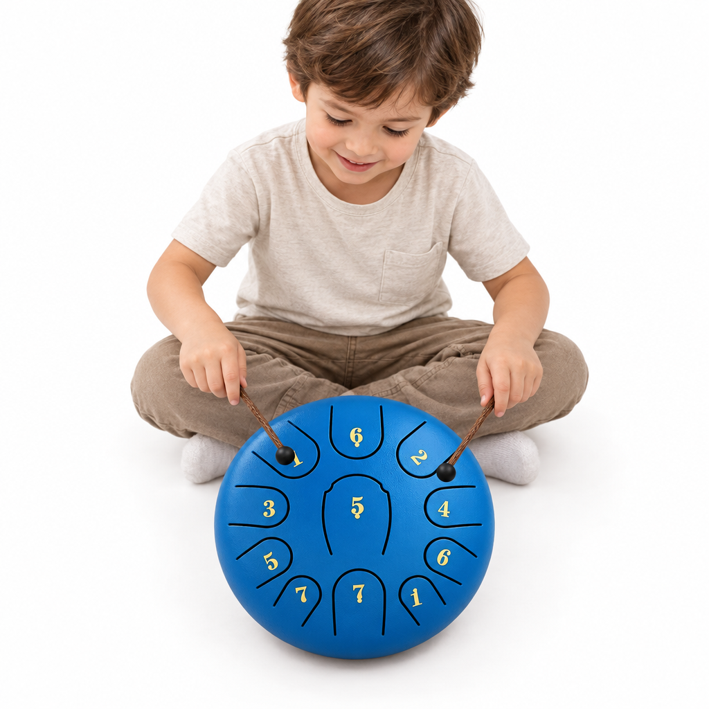 Four-year-old child playing the blue tongue drum
