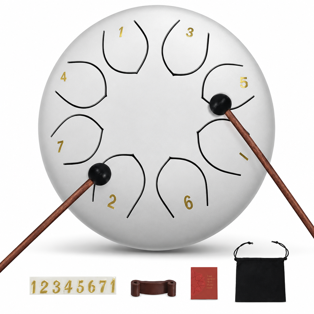 Front-facing silver-white drum with floating notes removed