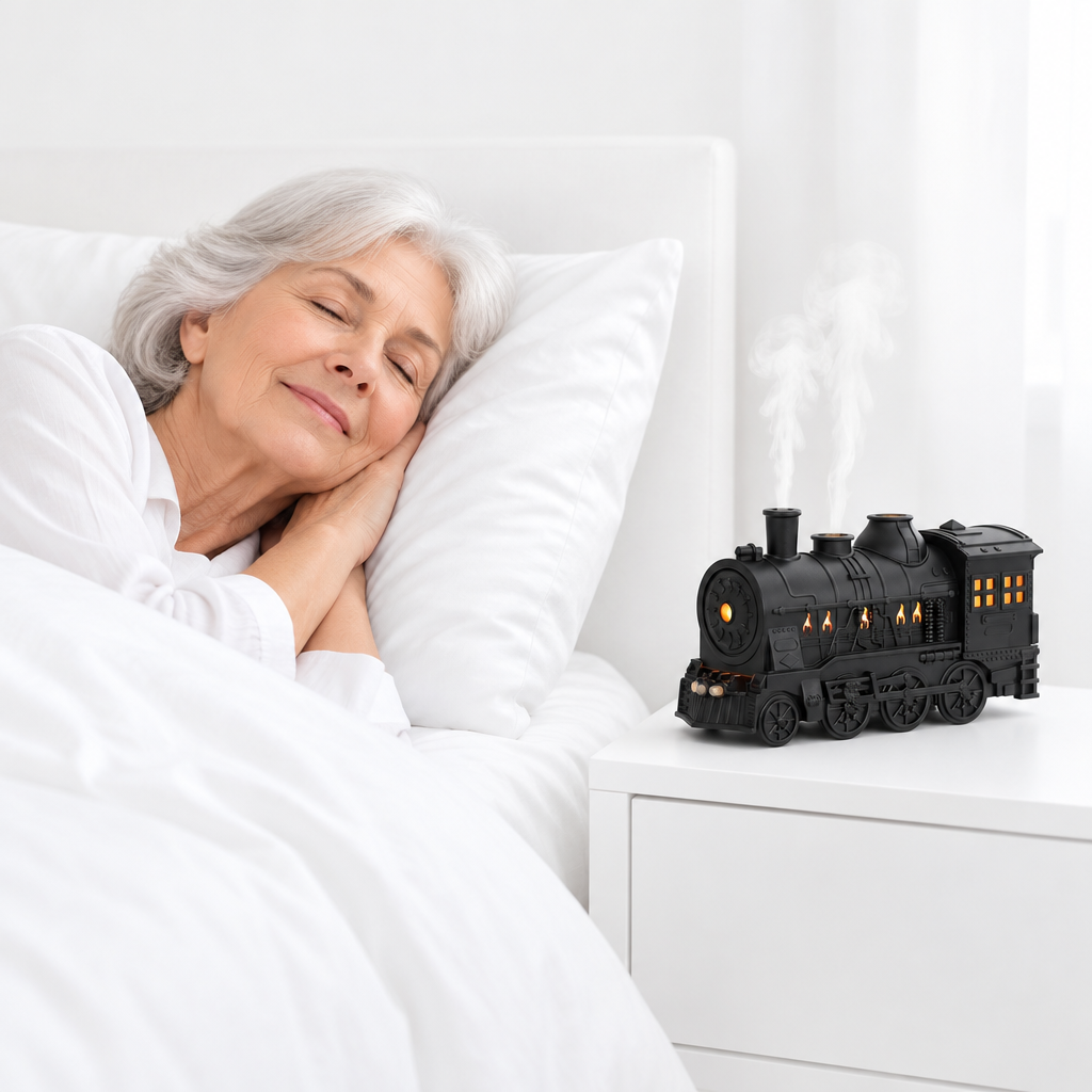 Grandmother resting in a white bedroom