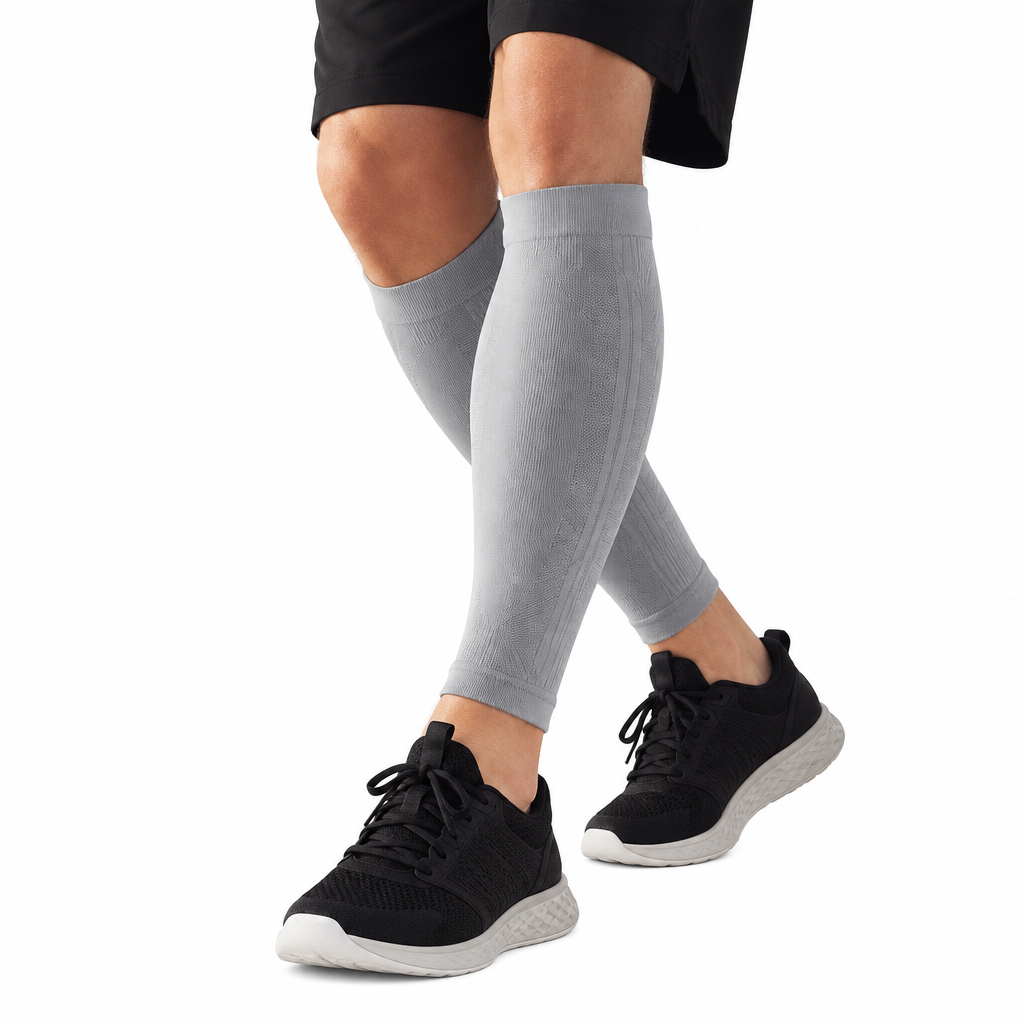 Gray calf sleeves on a pure white background